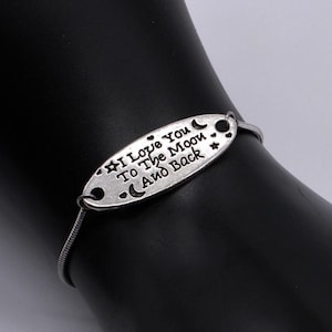 Te quiero hasta la luna y más allá. Pulsera ajustable de plata antigua. Estilo Bolo, pulsera de acero inoxidable. Alguien especial, idea de regalo.