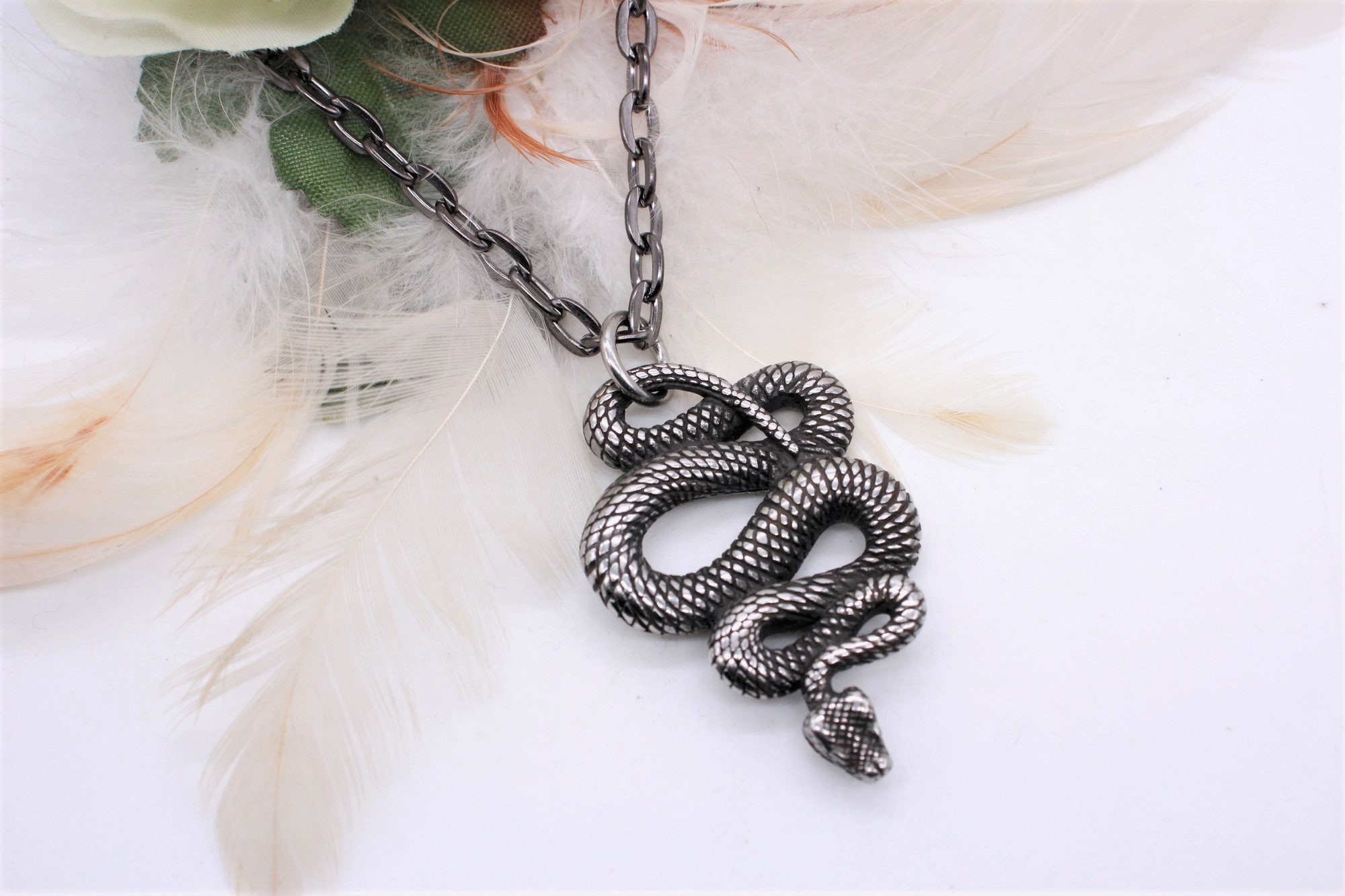3D Stainless Steel Snake Pendant - Gunmetal Viper Necklace, 18