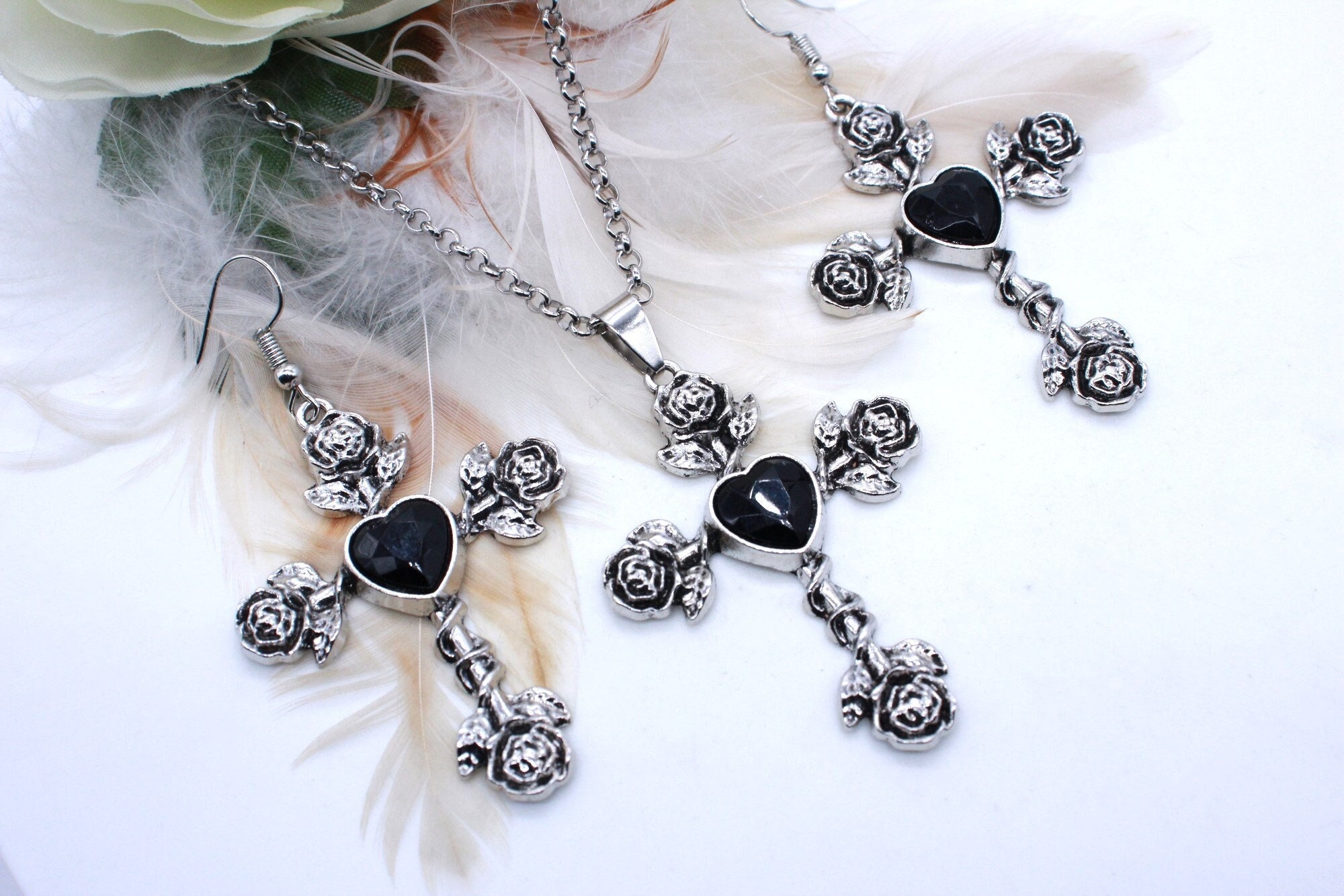 Ornate, Goth, 3 Piece Jewelry Set. Stainless Steel, Rose Crosses. Nicely Detailed. Red or Black Rhinestones. Christian Dangles. Goth Jewelry