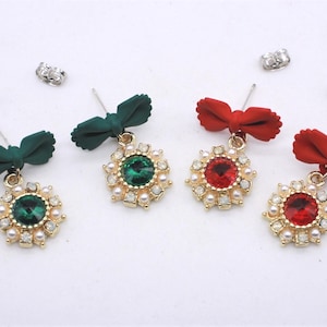 Christmas CZ Earrings: Red, Green Bows, Sterling Silver Posts