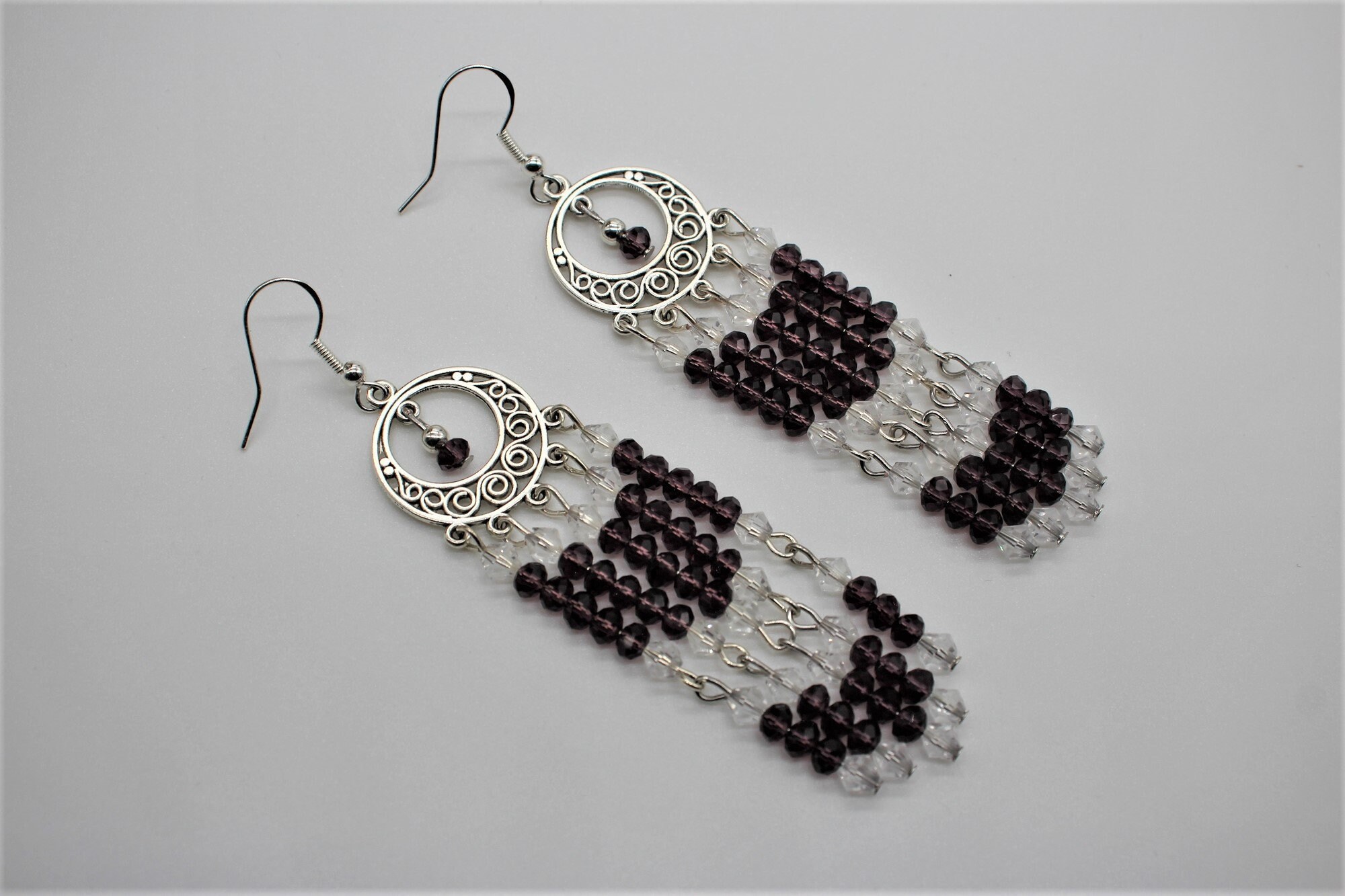 Stunning, Ethnic Style, Boho, Chandelier Earrings. Sparkling, Purple, Crystals. Gorgeous, Faceted, Strands Genuine, Leaded, Dramatic Dangles
