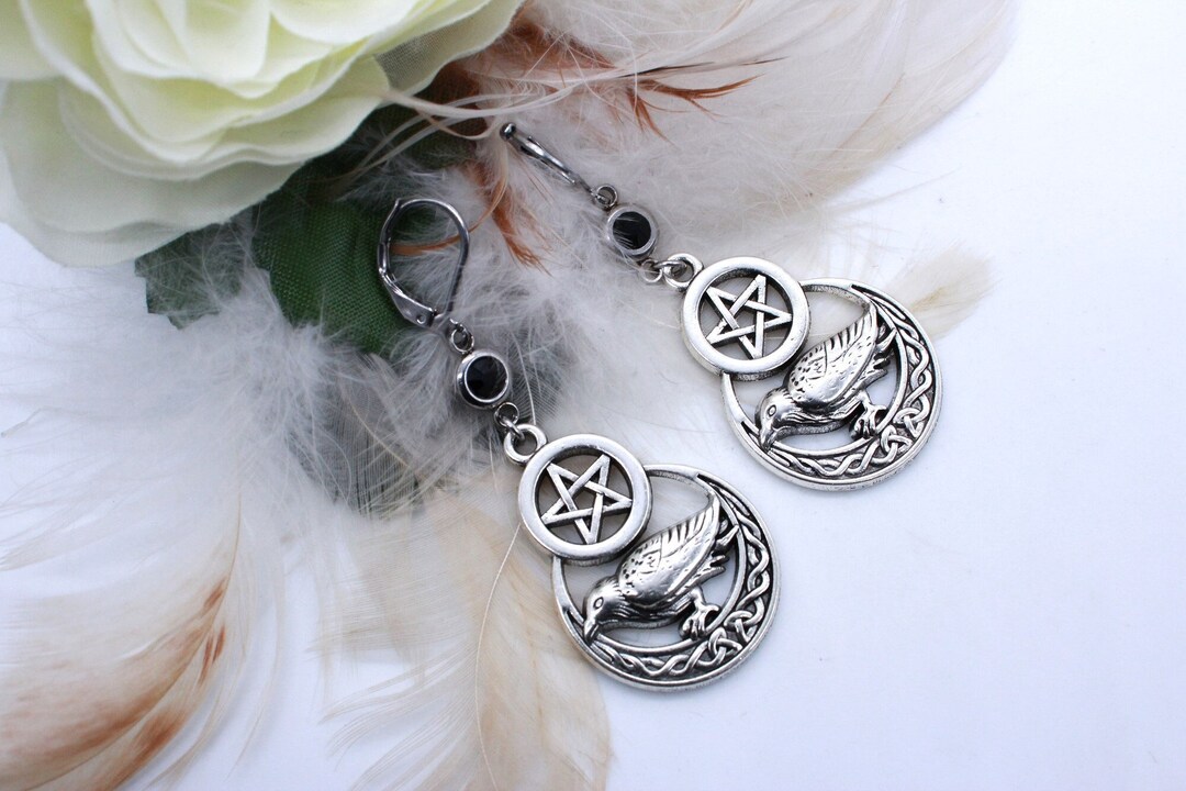 Celtic, Wicca, Raven Earrings. Antique Silver. Well Made Charms. Nicely