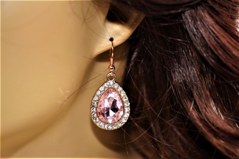 Faceted Special Occasions Diamond and Gold Teardrops with Rhinestones. Vintage Style Bling Peachy Pink Sparkling Light Glam Earrings