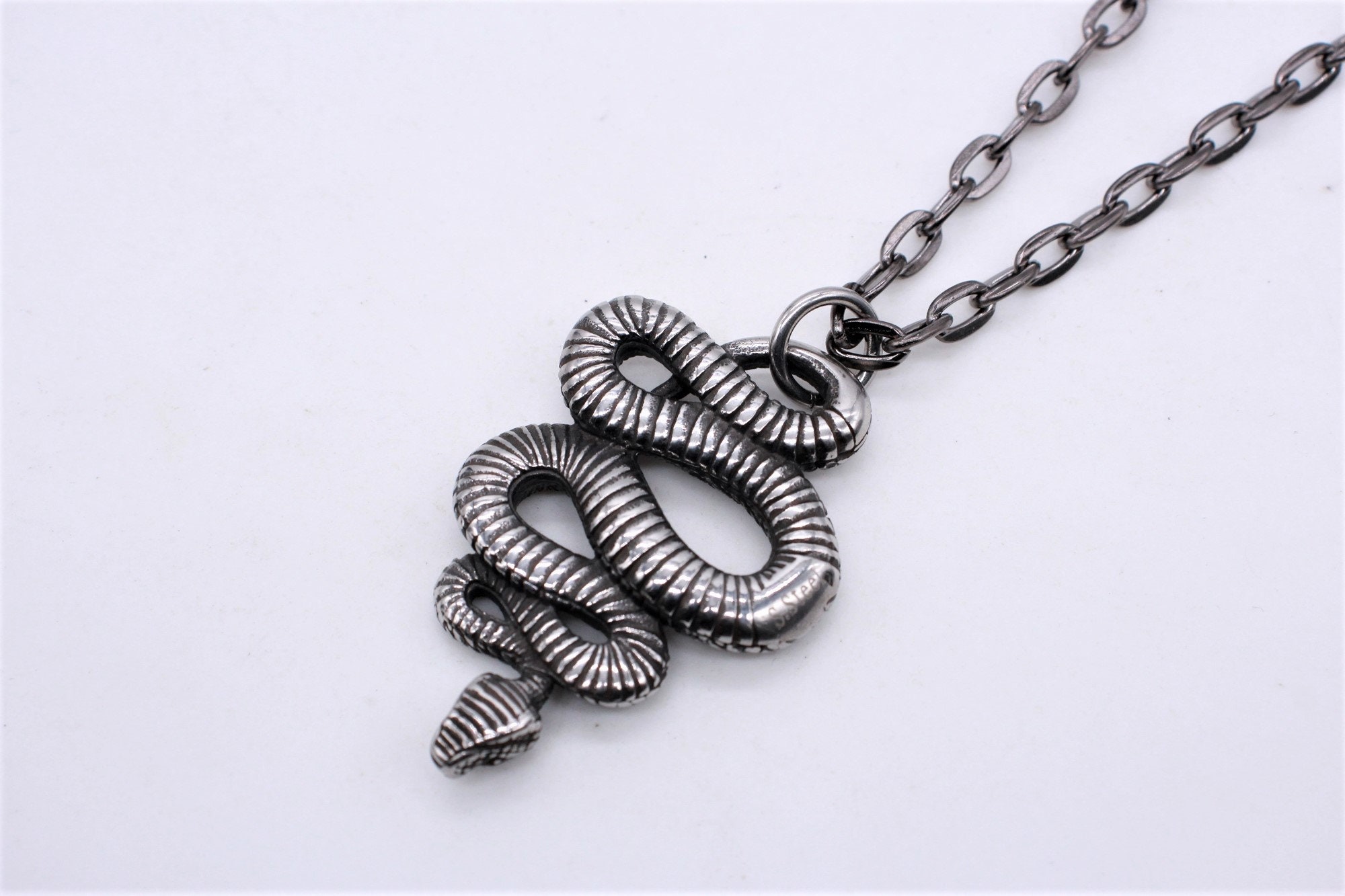3D Stainless Steel Snake Pendant - Gunmetal Viper Necklace, 18