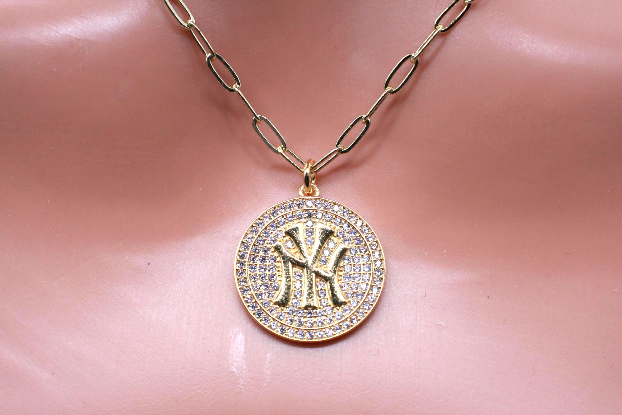 NY Yankees Gold Filled Pendant Necklace: Micro Pave CZ Baseball