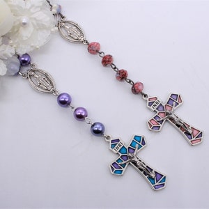 Beautiful, Women and Girl&#39;s, Rosary Style, Necklaces. High Quality. Italian Crucifixes. Stained Glass Look. Shades of Pink, Purple and Blue.