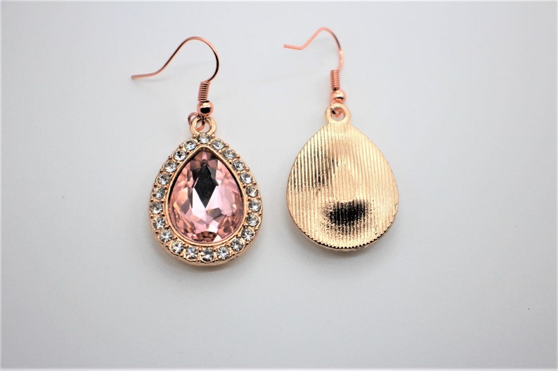 Faceted Special Occasions Diamond and Gold Teardrops with Rhinestones. Vintage Style Bling Peachy Pink Sparkling Light Glam Earrings