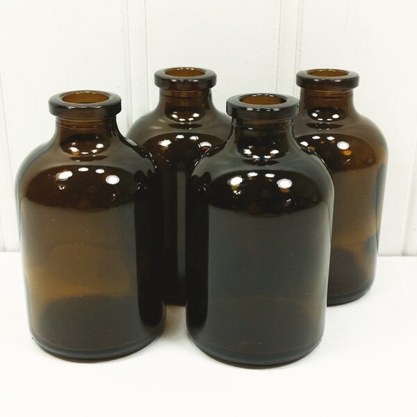 Small Brown Bottles, 4 Vintage Tiny Amber Apothecary Jar Small Vase Wedding Favor