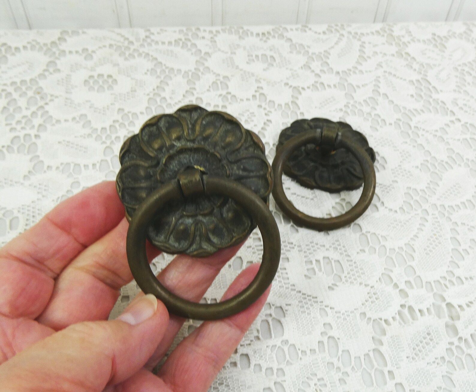 Round Brass Drawer Pulls Flower and Lions Head Hanging Etsy