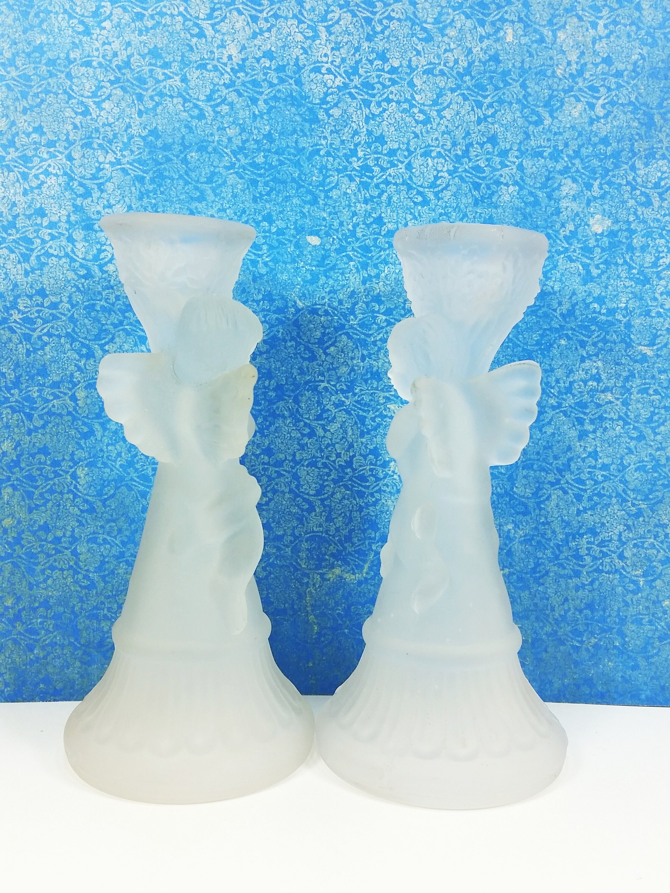 Frosted Glass Angel Candlesticks Vintage Cupid Candle Holder Etsy