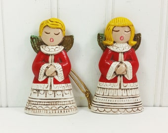 Angel Ornaments, 1960's Paper Mache Singing Christmas Angels in Red White and Gold