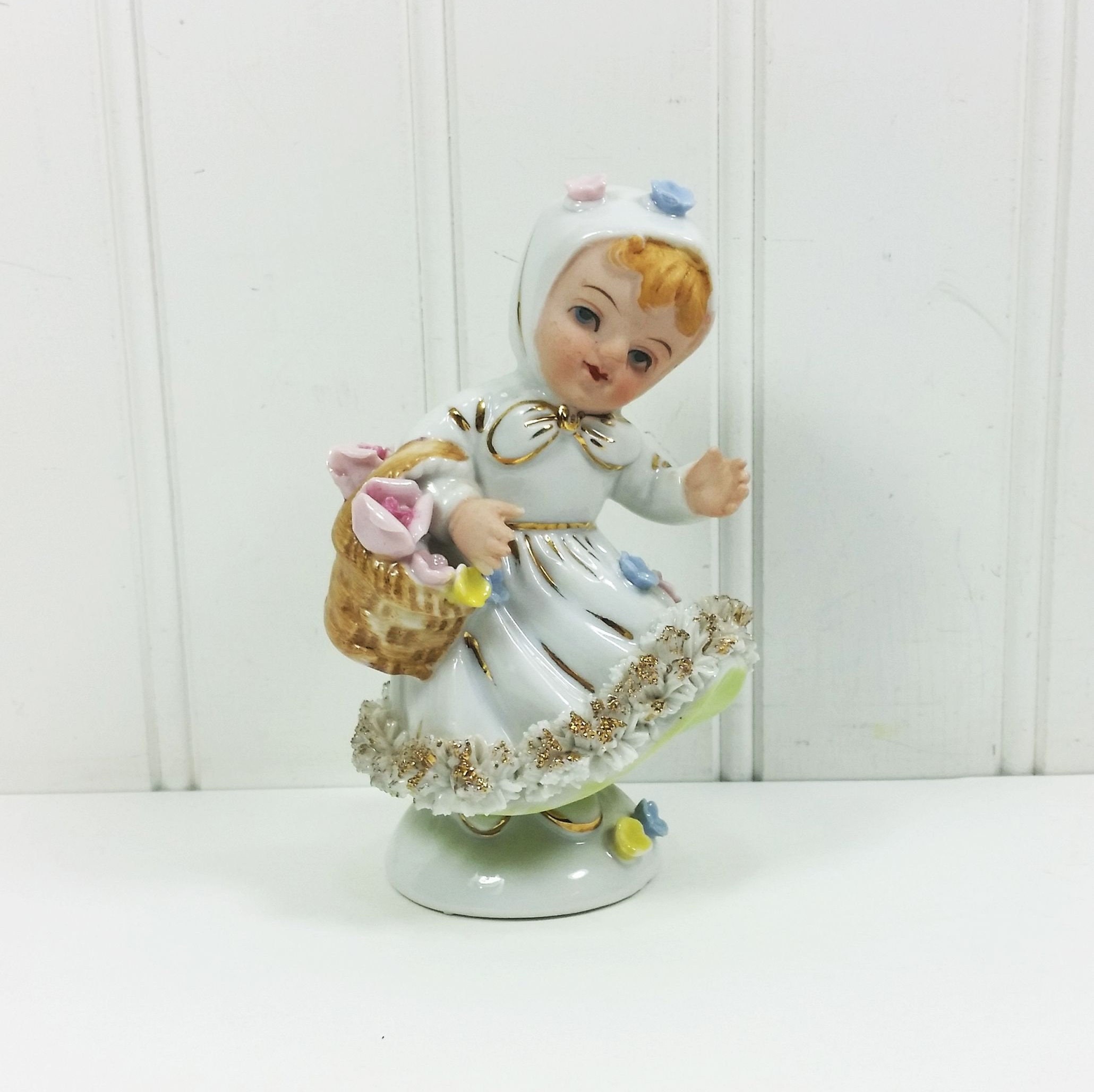 Norcrest Girl with Basket Figurine Spaghetti Porcelain with Pink and