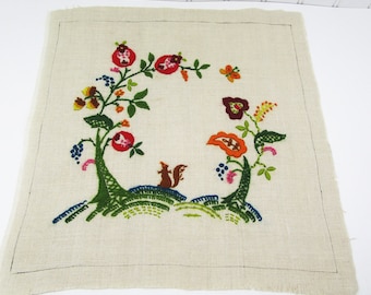 Crewel Embroidery Pillow Kit Finished Needlework Squirrel with Trees and Butterfly 1970's Bucilla Ready to Assemble