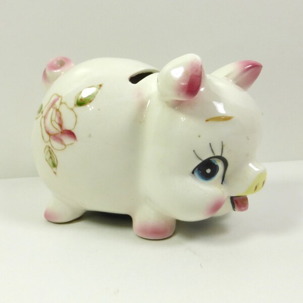 Vintage Norcrest Piggy Bank, Made in Japan, Small Piggy Coin Bank, Ceramic Bank, Pink Roses, Coin Savings Bank, Norcrest Porcelain