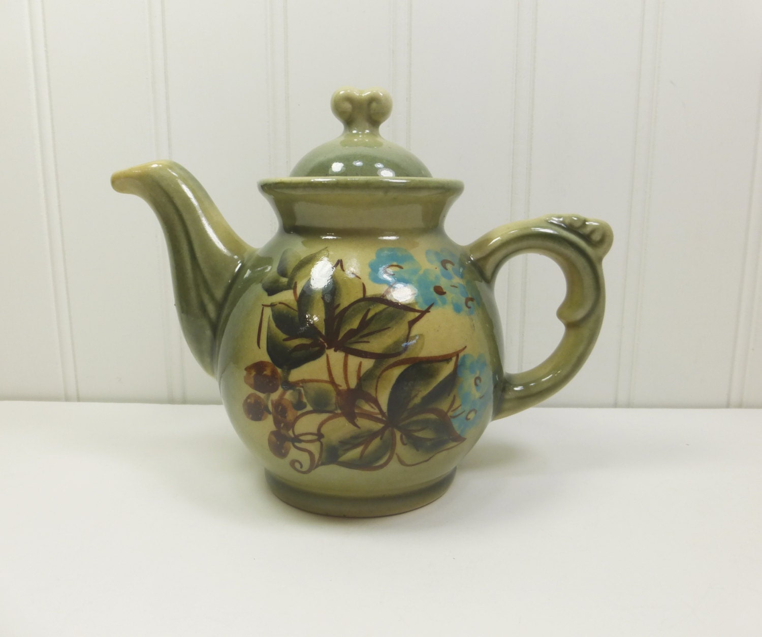 Small Green Ceramic Teapot 1970s Olive Green Painted Floral Etsy