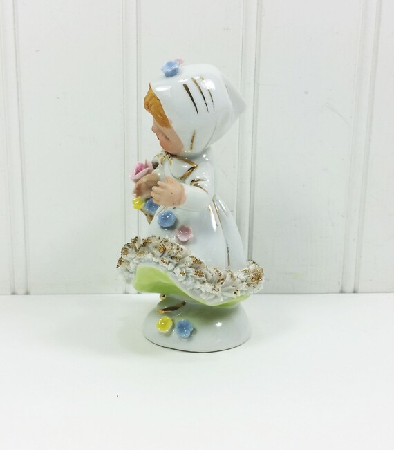 Norcrest Girl with Basket Figurine Spaghetti Porcelain with Pink and