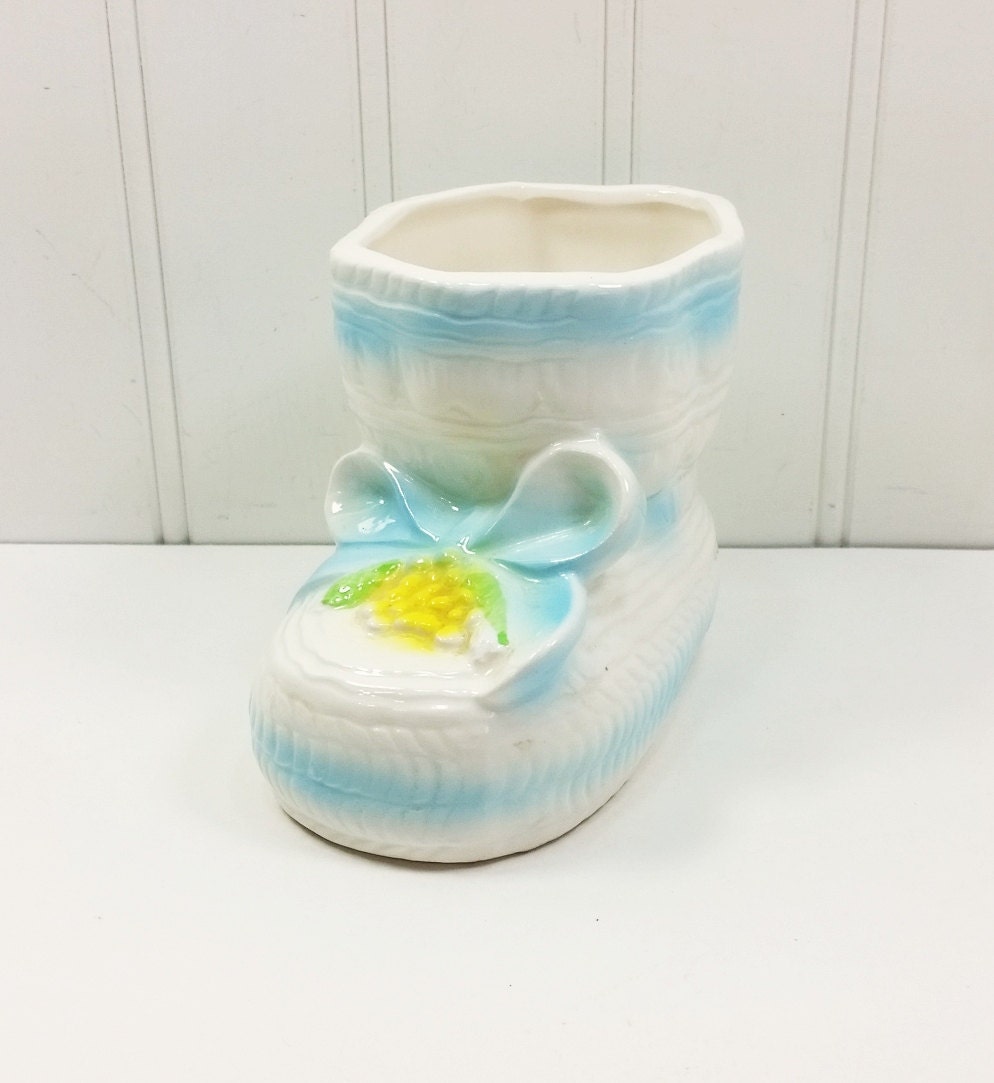 Ceramic Baby Shoe Planter Blue and Yellow Baby Bootie Vase Etsy