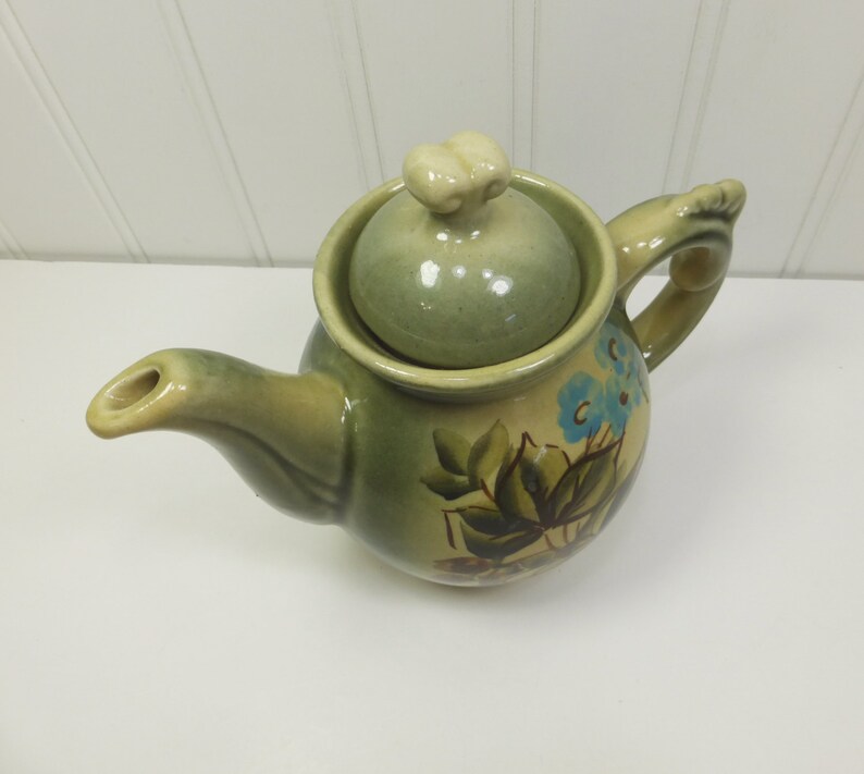 Retro Green Ceramic Teapot 1970's Small Olive Floral Etsy