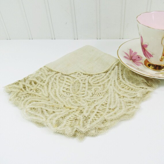 Antique Lace Handkerchief, Victorian Ivory Linen Hank… - Gem
