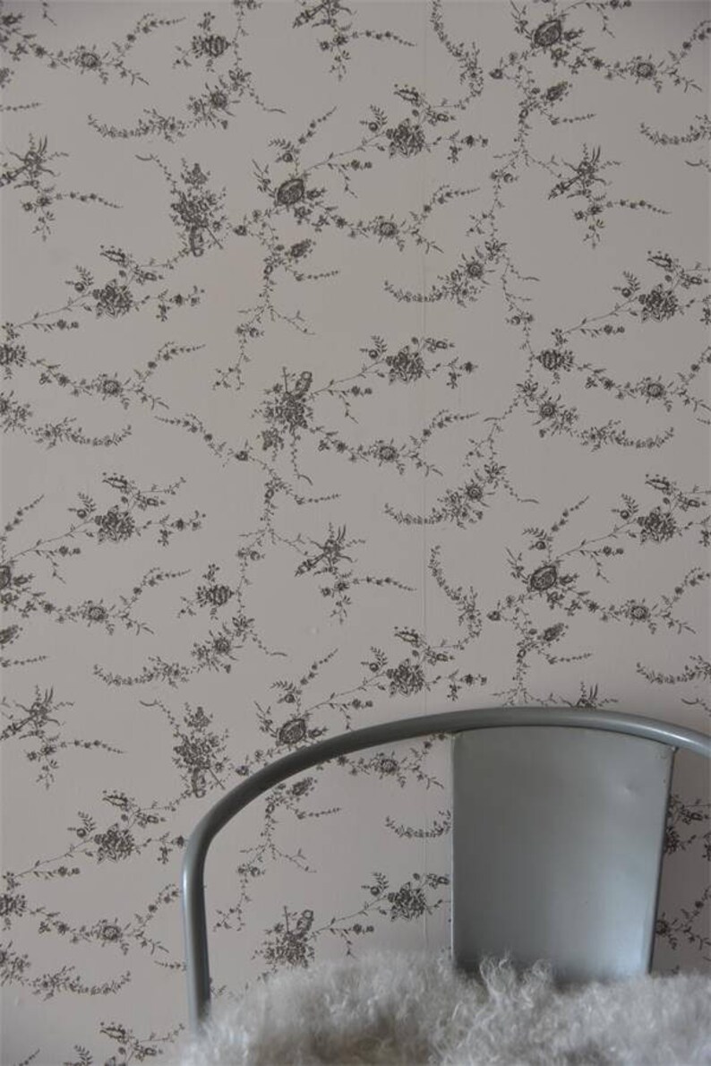 French Grey Floral Vine Wallpaper Vintage Style Etsy