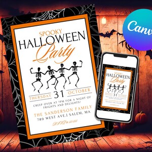 Invitación para fiesta de Halloween editable e imprimible, esqueletos bailando, descarga digital, plantilla Canva, invitación de Halloween con esqueletos