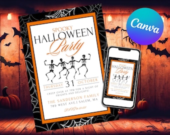 Tanzende Skelette Halloween Party Einladung: Bearbeitbare Canva Vorlage (Digitaler Download)