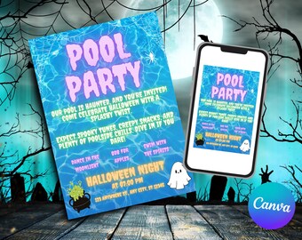 Bewerkbare uitnodiging zwembadfeest Halloween: digitale download Summerween