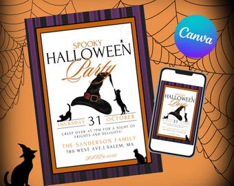 Zaproszenie na imprezę halloweenową w kapeluszu czarownicy: czarne koty, edytowalny szablon Canva (pobranie cyfrowe)