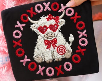 Valentine Highland Cow Faux Yarn PNG: Faux Embroidery XOXO Heart Glasses Bow Design ORIGINAL (Digital Download)