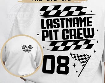 May include: White t-shirt with a black graphic design. The design includes the text "LASTNAME PIT CREW" above the number "08", with checkered flag accents. A smaller version of the design is on the left chest. The words "TYPICAL DEALS" are at the bottom.