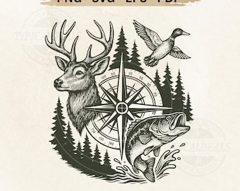 Deer Duck Fishing PNG SVG T-Shirt Design: Camo Hunting Art (Digital Download)