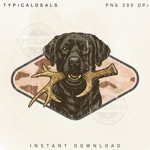 Svart labrador jakthund PNG, skjuljakthund, kamouflagejakt svart labrador retriever med hjorthorn sublimering för skjorta, digital nedladdning