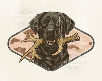 Black Lab Hunting Dog PNG, Shed Hunt Dog, Camo Hunting Black Lab Retriever with Deer Antler Sublimation for Shirt, Digital Download
