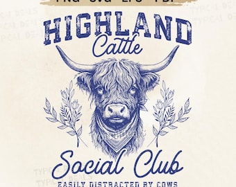 Highland Cattle Social Club PNG SVG: Illustrazione di una mucca (download digitale)