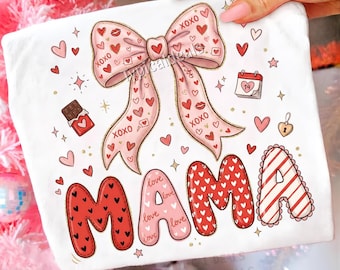 Preppy Mama Valentine Glitter PNG: Różowa kokardka w kształcie serca, dziewczęca walentynka (pobranie cyfrowe)