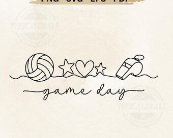 Volleyball Game Day Continuous Line Art SVG PNG | Heart Stars Whistle One Line Design (Digital Download)