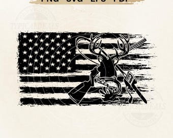 Patriotic Hunting and Fishing Flag SVG PNG – Deer, Rifle, Fish (Digital Download)