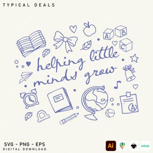 Könnte beinhalten: Digitaler Download-Grafik mit hellem Hintergrund und blauer Strichzeichnung. Das Design umfasst ein offenes Buch, eine Schleife, einen Apfel, Bausteine, eine Glocke, einen Globus und den Text "helping little minds grow."
