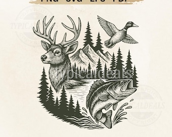 Deer Duck Fishing PNG SVG T-Shirt Design – Wildlife Deer Fish Duck – Hunting and Fishing Forest Scene (Digital Download)