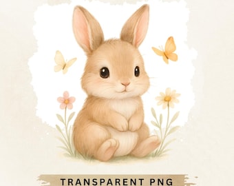Watercolor Bunny & Butterfly PNG: Cute Baby Rabbit Clipart (Digital Download)