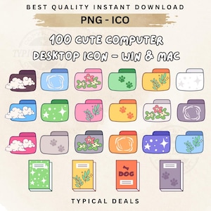 May include: A set of 100 cute computer desktop icons, featuring folders with clouds, stars, flowers, and paw prints in a variety of colours. The image also includes books with star and leaf designs. Text on the image reads "BEST QUALITY INSTANT DOWNLOAD, PNG - ICO, 100 CUTE COMPUTER DESKTOP ICON - WIN & MAC, TYPICAL DEALS."
