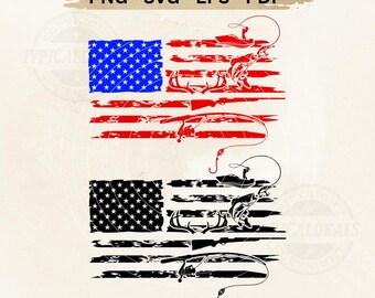 Patriotic Hunting and Fishing Flag SVG PNG – Deer, Fish, Rifle (Digital Download)