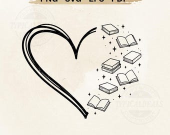 May include: Black and white graphic of a heart shape with books and stars. The text at the top says "BEST QUALITY INSTANT DOWNLOAD" and "PNG - SVG - EPS - PDF". The text at the bottom says "TYPICAL DEALS".
