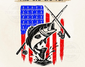 Patriotic Fishing American Flag SVG PNG – American Flag Fish and Rods (Digital Download)