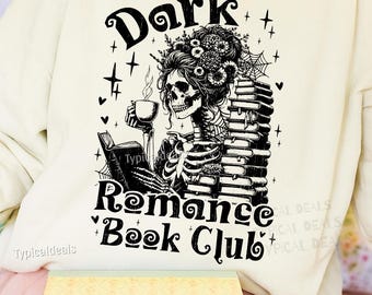 Clube do Livro de Romance Sombrio PNG Leitor Esqueleto Gótico Design Retrô de Terror Literário ORIGINAL (Download Digital)