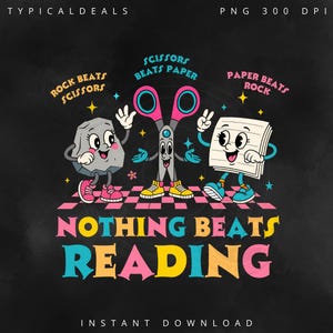 Puede incluir: Gráfico de estilo retro con el texto «NADA SUPERA LA LECTURA». La imagen presenta personajes de dibujos animados de piedra, papel y tijeras, con texto que indica sus relaciones de juego. El fondo es negro con un suelo a cuadros rosa y blanco.