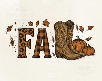 Cowboy Boots Fall PNG – Leopard and Buffalo Plaid Western Autumn Design, Pumpkins and Leaves (Digital Download)