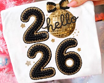 Frohes Neues Jahr 2026 PNG: Hallo 2026 Häkelzahlen Gold Disco Ball Neues Jahr Sublimationskunst (Digitaler Download)