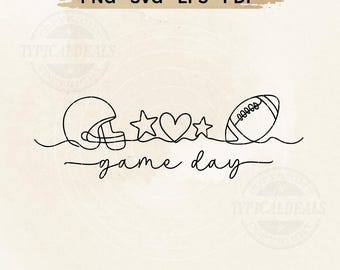 May include: A black line drawing of a football helmet, stars, a heart, and a football. The words "game day" are written in cursive below the symbols. The text "BEST QUALITY INSTANT DOWNLOAD" and "PNG - SVG - EPS - PDF" are at the top.