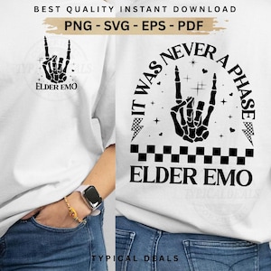 May include: White t-shirt featuring a black skeleton hand gesture design with the text "ELDER EMO". The back of the shirt has the text "IT WAS NEVER A PHASE" and a checkered pattern.